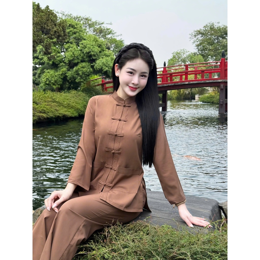 Pháp phục đi chùa cổ trụ dài tay lụa nhuyễn Bộ đồ đi chùa truyền thống Đồ lam đi lễ khuy tết lụa mềm mát