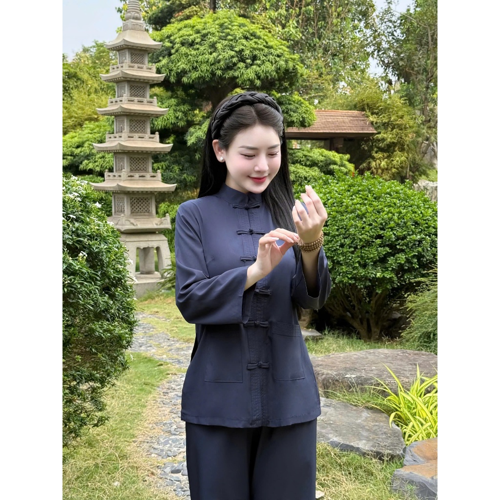 Pháp phục đi chùa cổ trụ dài tay lụa nhuyễn Bộ đồ đi chùa truyền thống Đồ lam đi lễ khuy tết lụa mềm mát