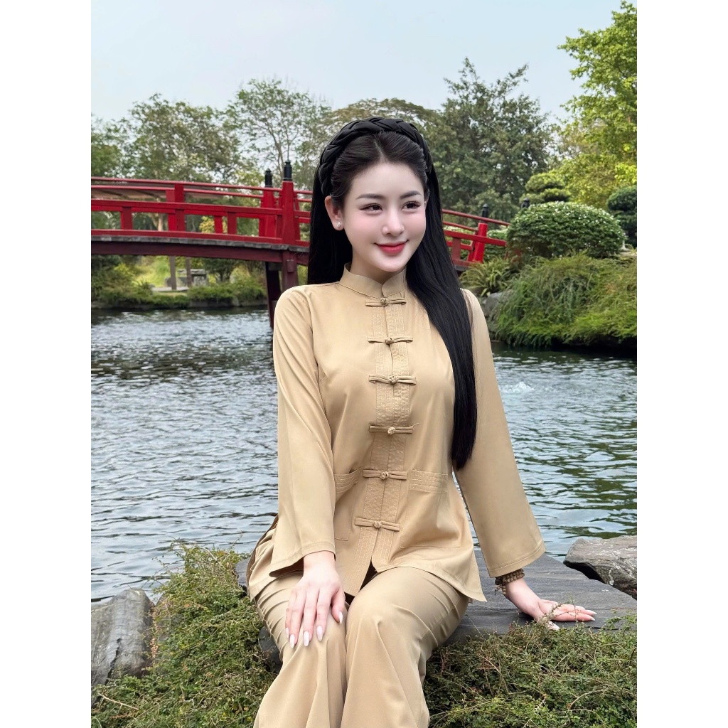 Pháp phục đi chùa cổ trụ dài tay lụa nhuyễn Bộ đồ đi chùa truyền thống Đồ lam đi lễ khuy tết lụa mềm mát