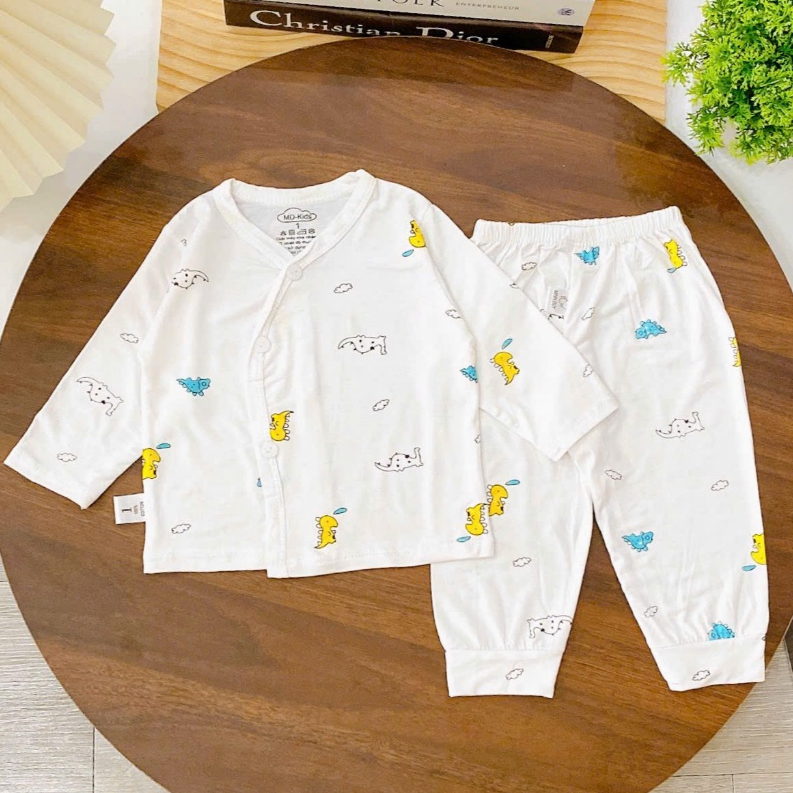 Bộ quần áo DÀI TAY CÀI CÚC thun lạnh nền trắng đáng yêu cho bé trai bé gái 3-9kg mesocshop