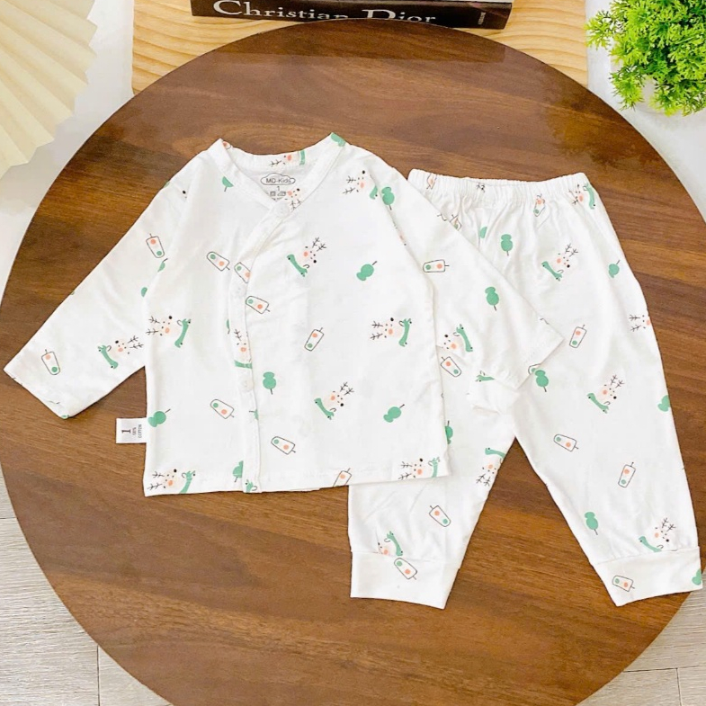 Bộ quần áo DÀI TAY CÀI CÚC thun lạnh nền trắng đáng yêu cho bé trai bé gái 3-9kg mesocshop