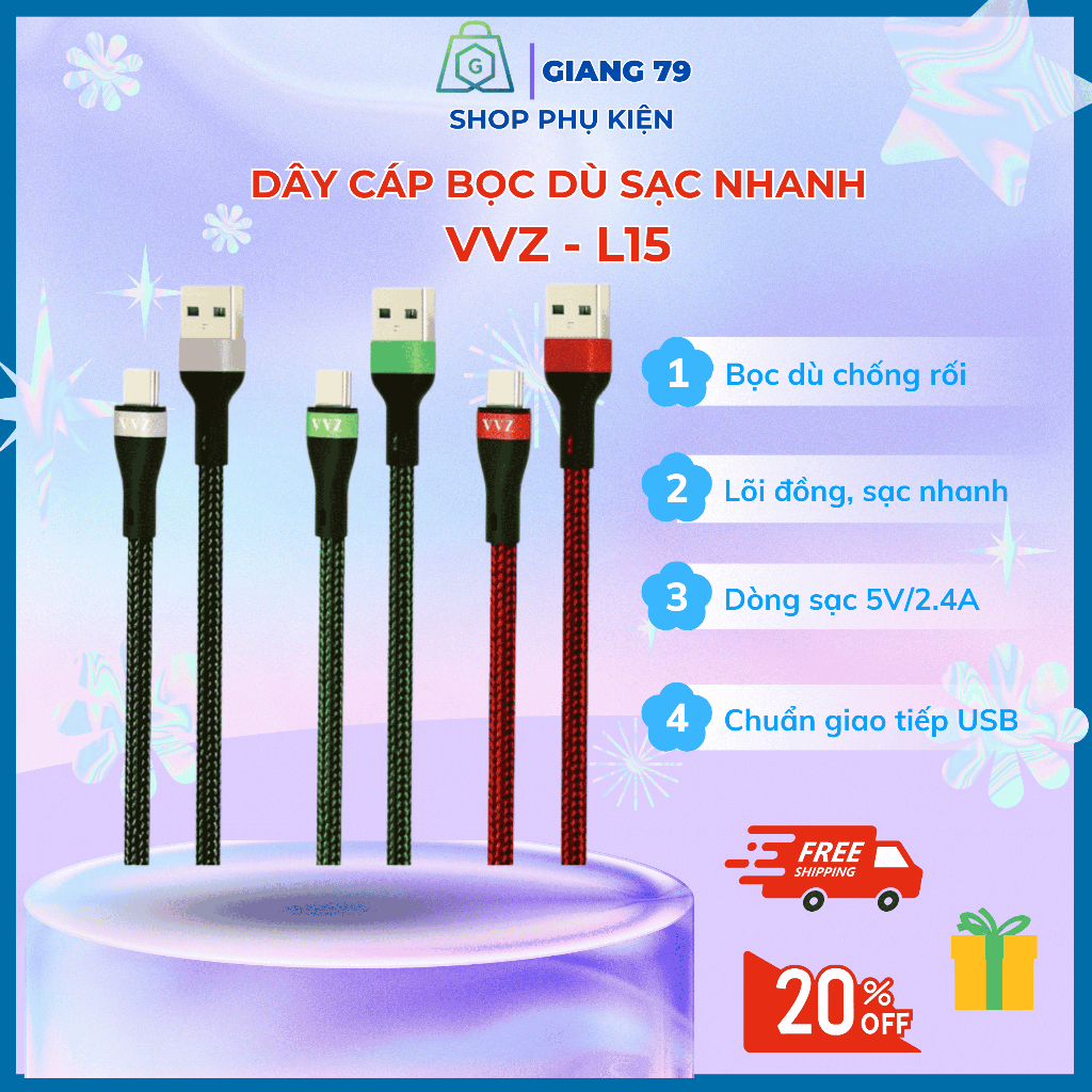 Cáp Sạc Bọc Dù VVZ-L15, Sạc Nhanh/ Truyền Dữ Liệu Nhanh