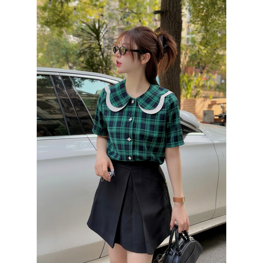 [SM88] Áo Sơ Mi Nữ Kẻ Caro Xanh Cổ Lá Xinh Xắn Dáng Suông Trẻ Trung Thanh Lịch, Sơ Mi Nữ Công Sở