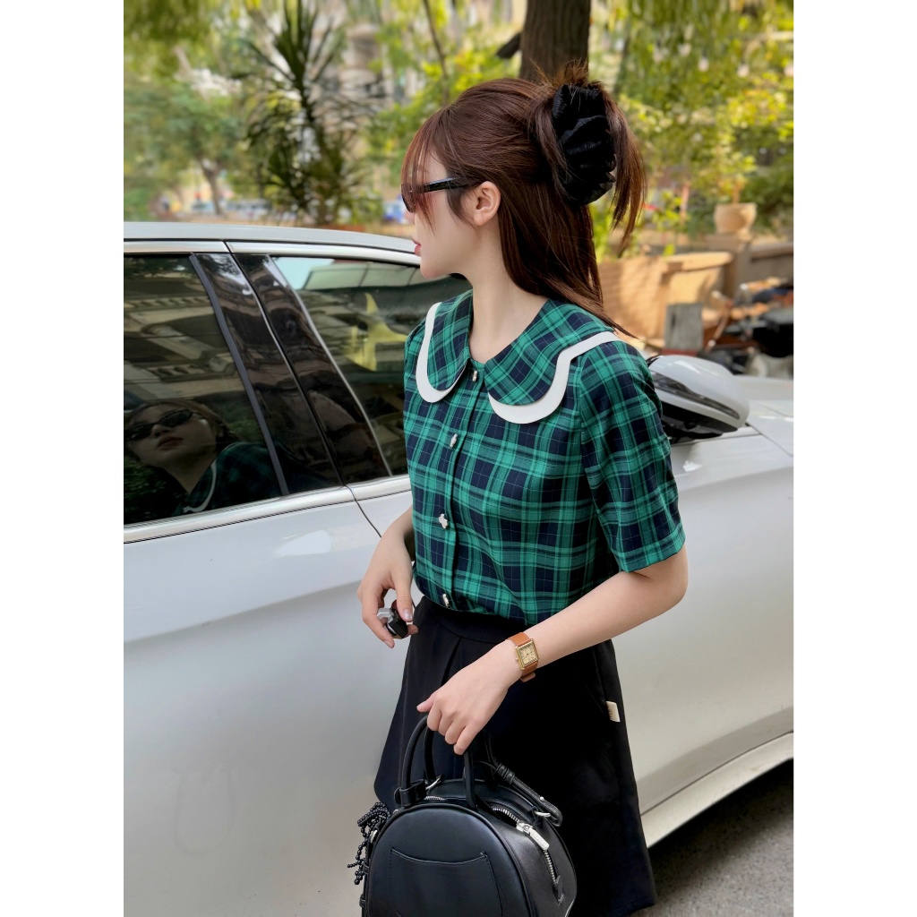 [SM88] Áo Sơ Mi Nữ Kẻ Caro Xanh Cổ Lá Xinh Xắn Dáng Suông Trẻ Trung Thanh Lịch, Sơ Mi Nữ Công Sở