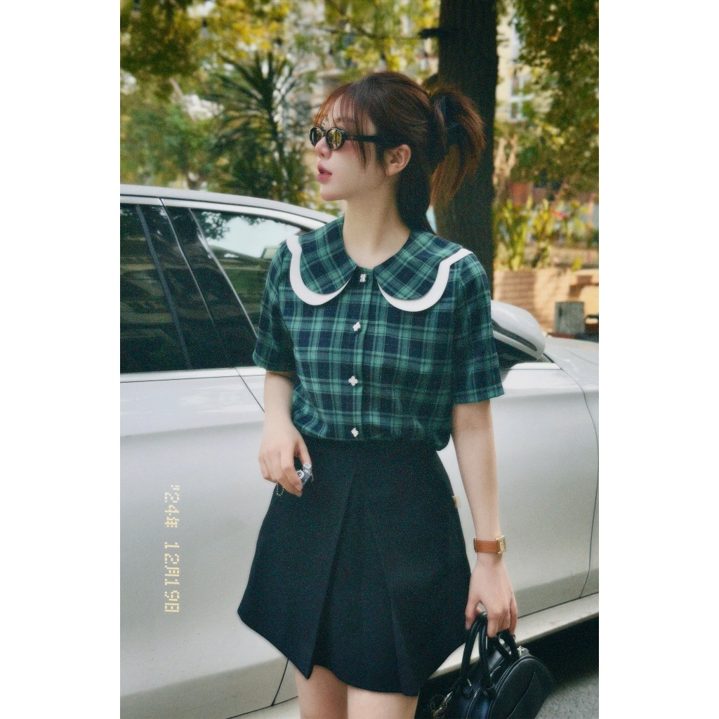 [SM88] Áo Sơ Mi Nữ Kẻ Caro Xanh Cổ Lá Xinh Xắn Dáng Suông Trẻ Trung Thanh Lịch, Sơ Mi Nữ Công Sở
