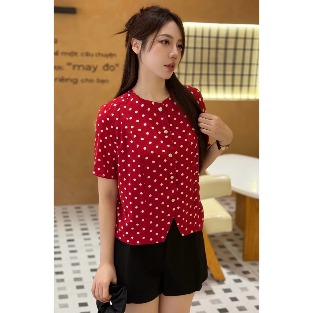 Áo Sơ Mi Nữ Cổ Tròn Dáng Lửng Chất Liệu Mềm Mát, Sơ Mi Chấm Bi Nữ Công Sở HAAN Design SM208