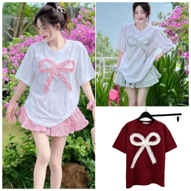 Áo phông unisex form thụng chất cotton - Hình Nơ rúm Màu Đỏ