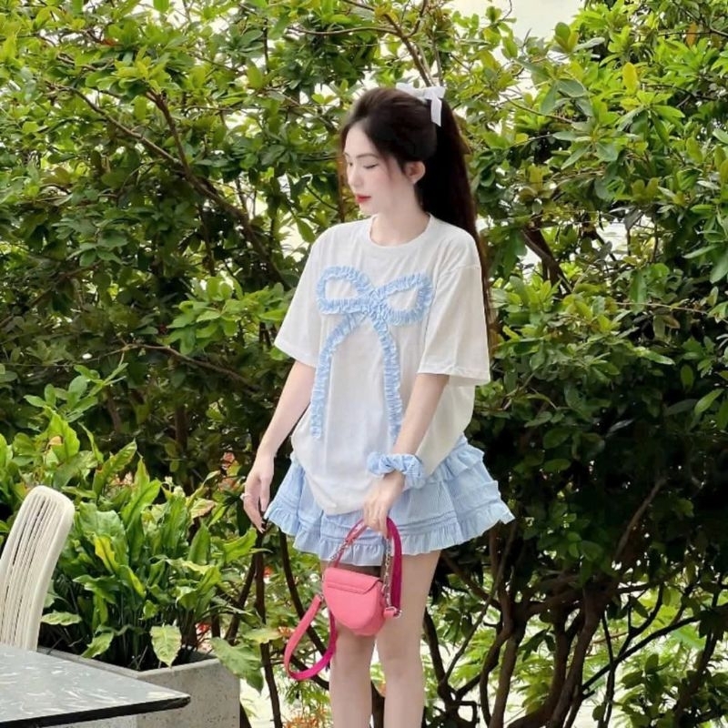 Áo phông unisex form thụng chất cotton - Hình Nơ rúm Màu Đỏ