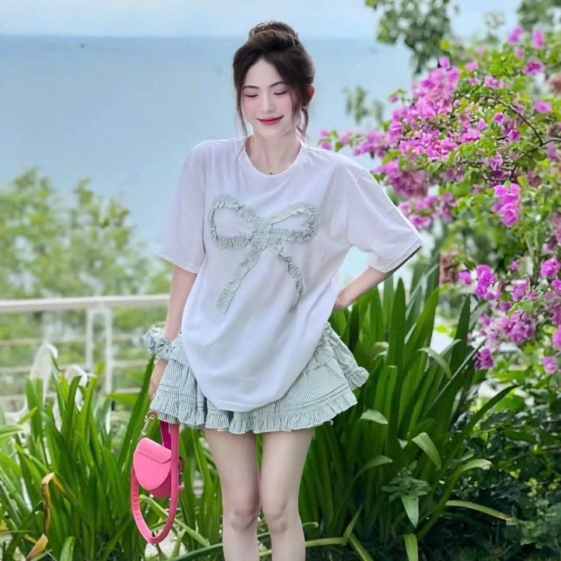 Áo phông unisex form thụng chất cotton - Hình Nơ rúm Màu Đỏ