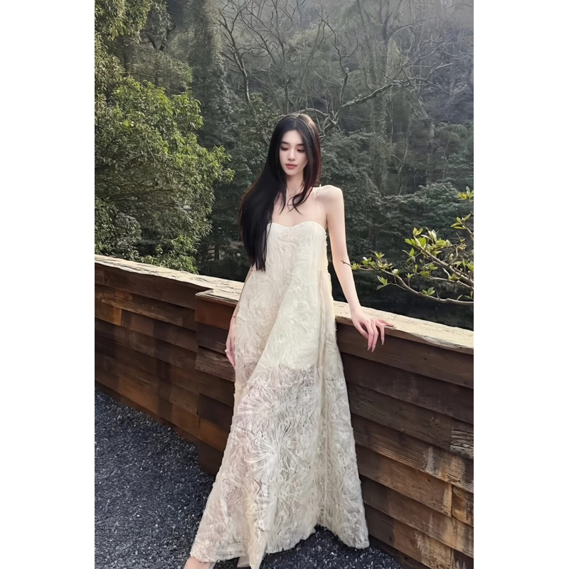 Váy maxi ren nổi 2 dây dáng dài thanh lịch, trẻ trung bầu bí có thể bon ...