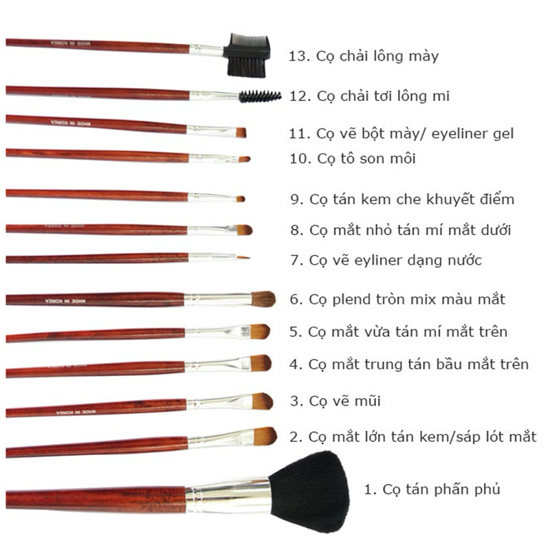 Bộ Cọ Trang Điểm Cá Nhân Korea 13 Cây – Lông Cọ Mềm Mại – Bám Phấn Tốt – Makeup Tự Nhiên – Dễ Vệ Sinh