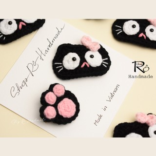 Kẹp tóc xinh mèo đen nơ hồng 6cm và chân mèo 3.5cm cho nữ và bé gái |Shop Rô Handmade