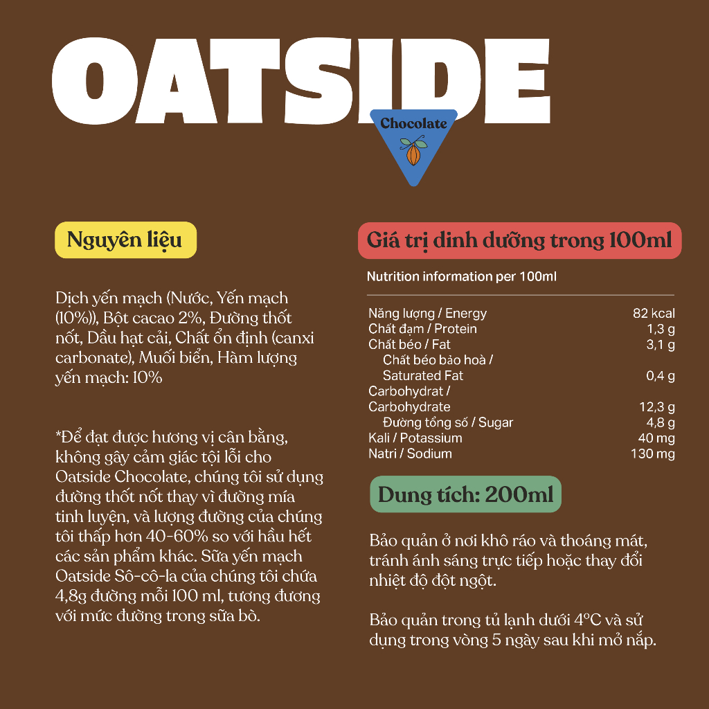 Ảnh Sữa yến mạch OATSIDE Chocolate vị Sô-cô-la lốc 200ml x 24 - Không lactose, Đậm vị, Làm từ Cacao thật 1