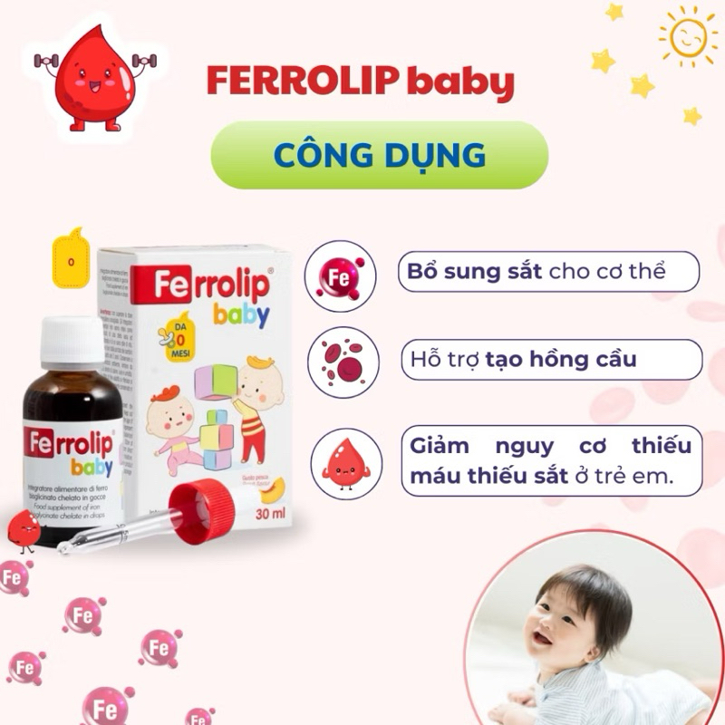 Sắt Ferrolip Baby cho bé nhập khẩu vị đào dễ uống hỗ trợ phòng thiếu máu cho trẻ