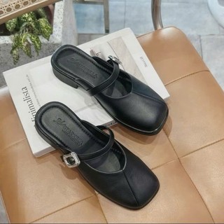 Giày sục nữ mũi vuông dép quai hậu đế thấp Linhl Shop da mềm thời trang Hàn Quốc M11