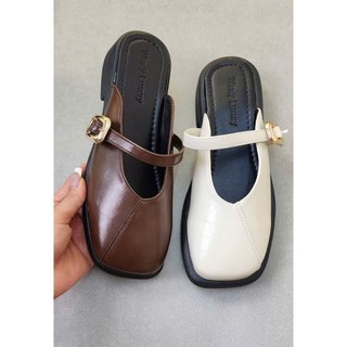 Giày sục nữ mũi vuông dép quai hậu đế thấp Linhl Shop da mềm thời trang Hàn Quốc M11