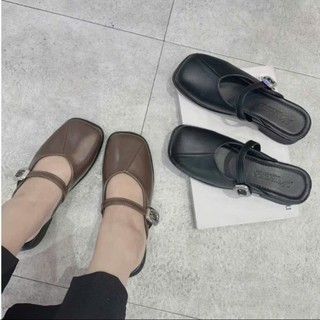 Giày sục nữ mũi vuông dép quai hậu đế thấp Linhl Shop da mềm thời trang Hàn Quốc M11