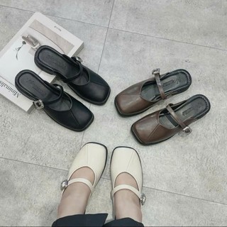 Giày sục nữ mũi vuông dép quai hậu đế thấp Linhl Shop da mềm thời trang Hàn Quốc M11