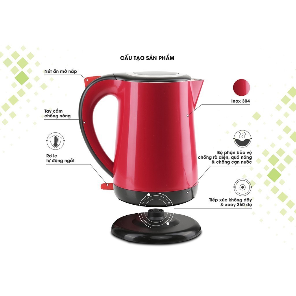Ấm Điện Siêu Tốc Rạng Đông RD-AST17 P1 1.7L - Thân Inox 304 & Nhựa PP Chống Nóng, An Toàn Chống Giật