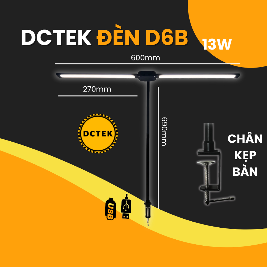 Đèn học kẹp bàn, đèn kẹp bàn làm việc DCTEK B6B B6G chân đế dạng kẹp, chống cận, bảo vệ mắt, 5 chế độ