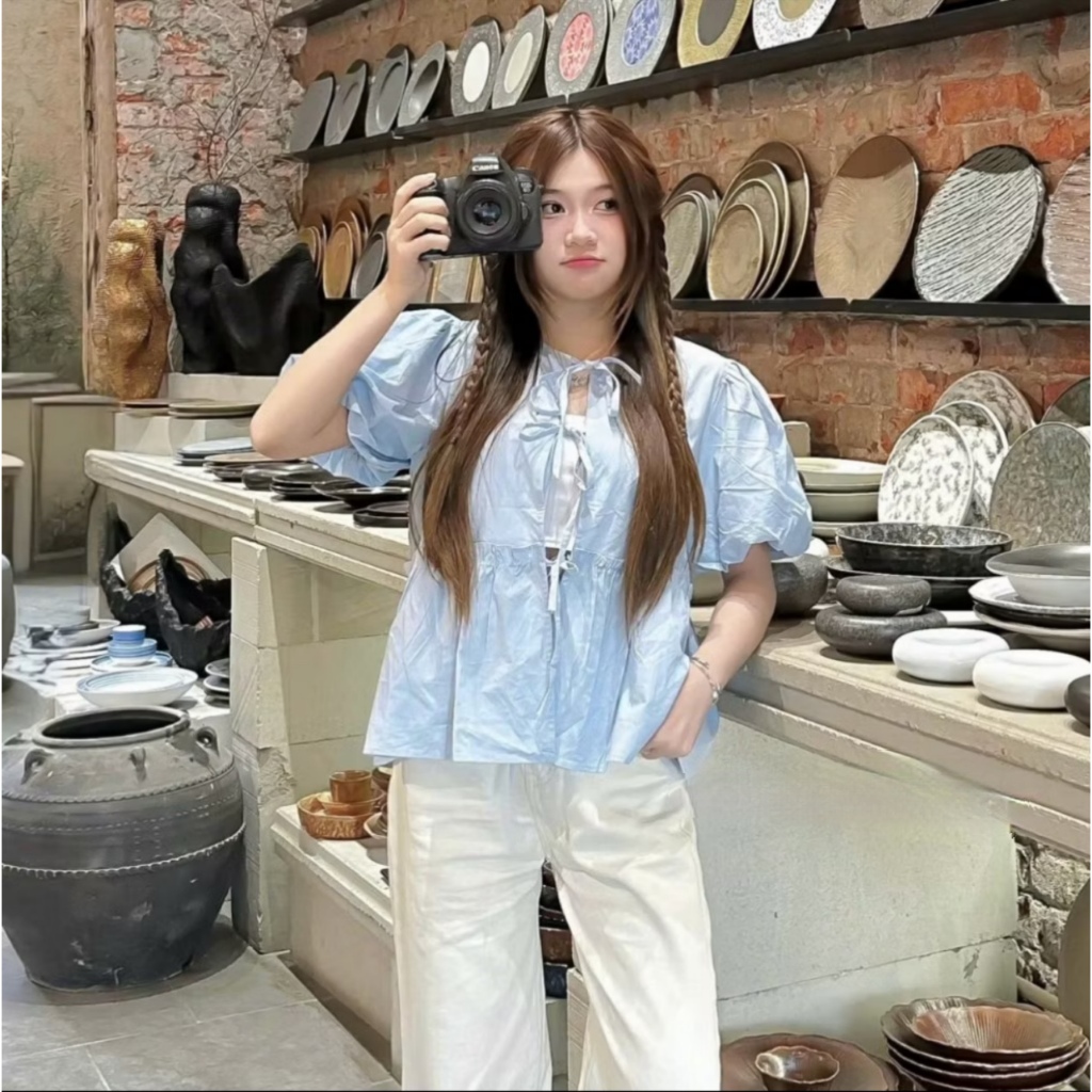 Áo babydoll kèm áo quây buộc dây nơ xinh xỉu, dáng rộng freesize dưới 56kg MUZA  A05