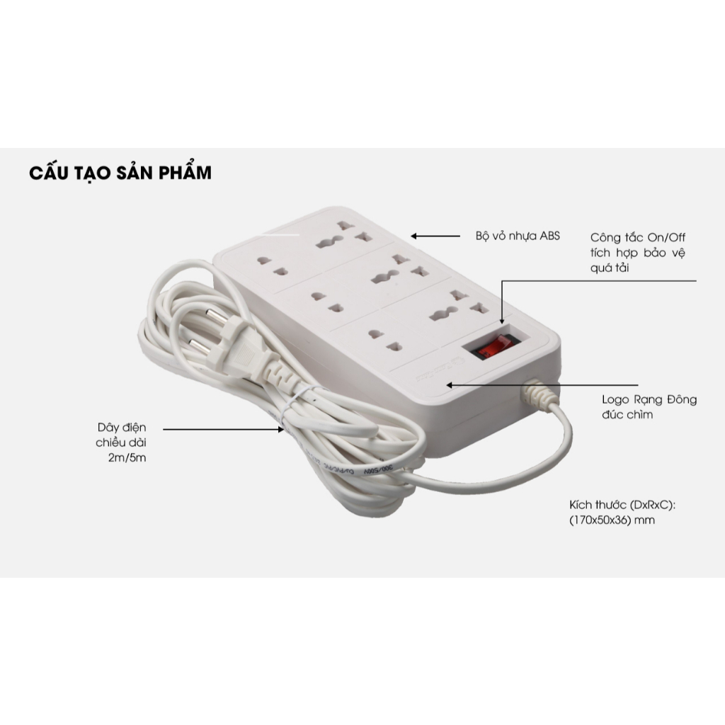 Ổ Nối 6 Cổng Rạng Đông OC06 (Dây 2m/5m)- Rơle Thông Minh Tự Động Ngắt Khi Quá Tải, Thiết Kế Hiện Đại