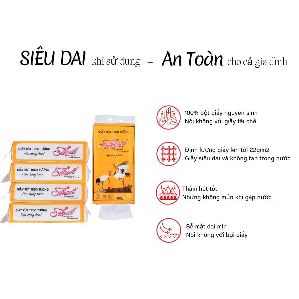 [MUA 5 TẶNG 1] Giấy rút treo tường Silkwell Sếu 350 tờ 2 lớp, khăn giấy rút đa năng tiện lợi