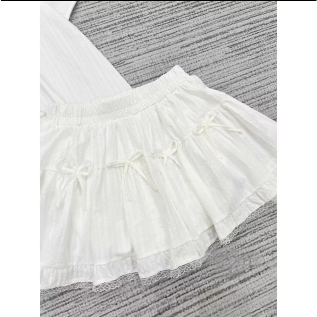 Set áo babydoll cổ ren buộc nơ kèm chân váy cạp chun basic dễ mặc MUZA S003