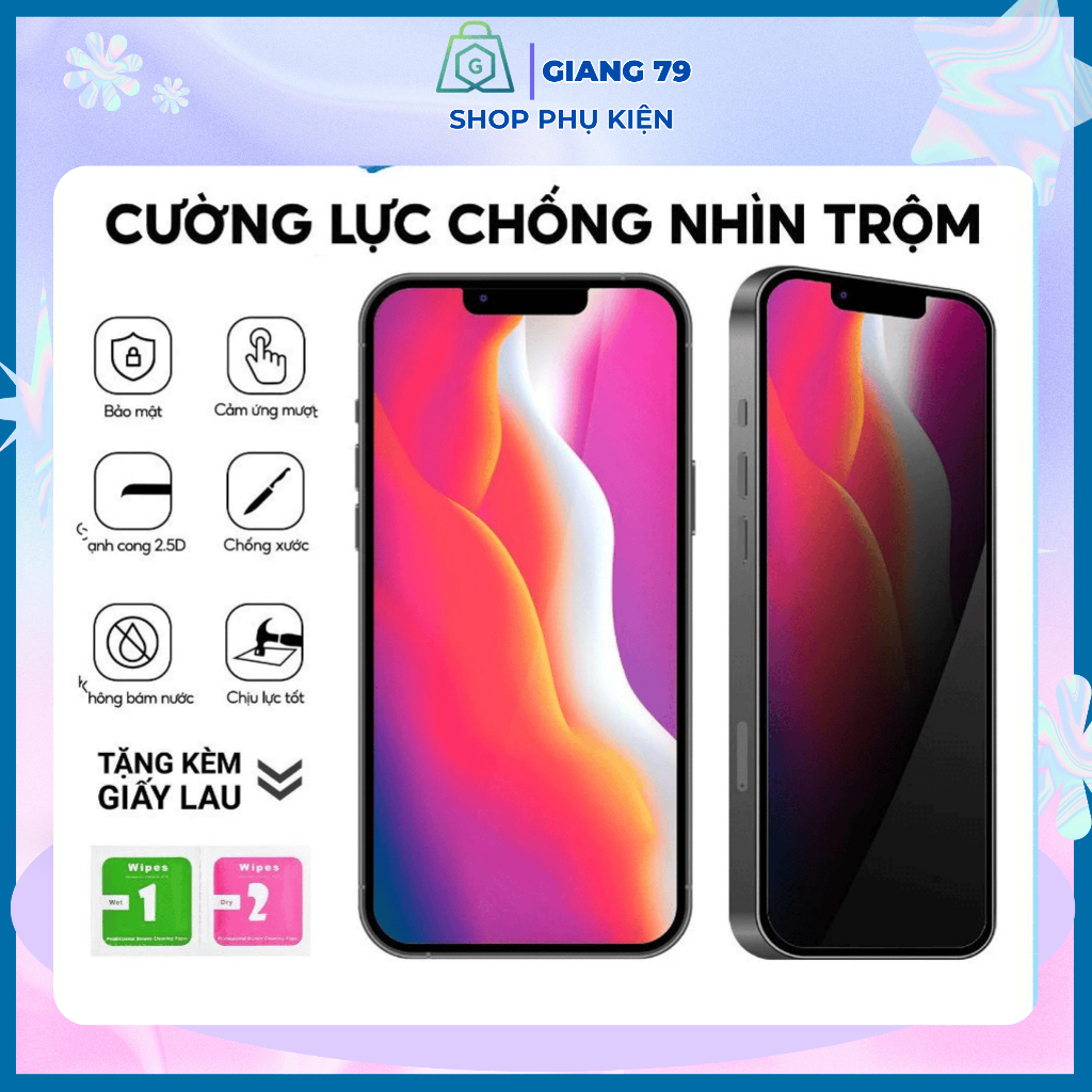 Kính cường lực Chống nhìn trộm iPhone 6G 6P 7G 7P 8G 8P X Xs 11 12 13 14 15 Pro Plus Pro Max