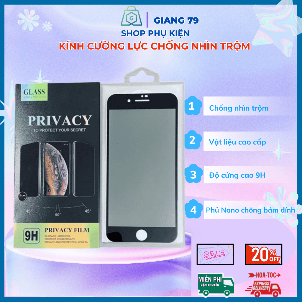 Kính cường lực Chống nhìn trộm iPhone 6G 6P 7G 7P 8G 8P X Xs 11 12 13 14 15 Pro Plus Pro Max