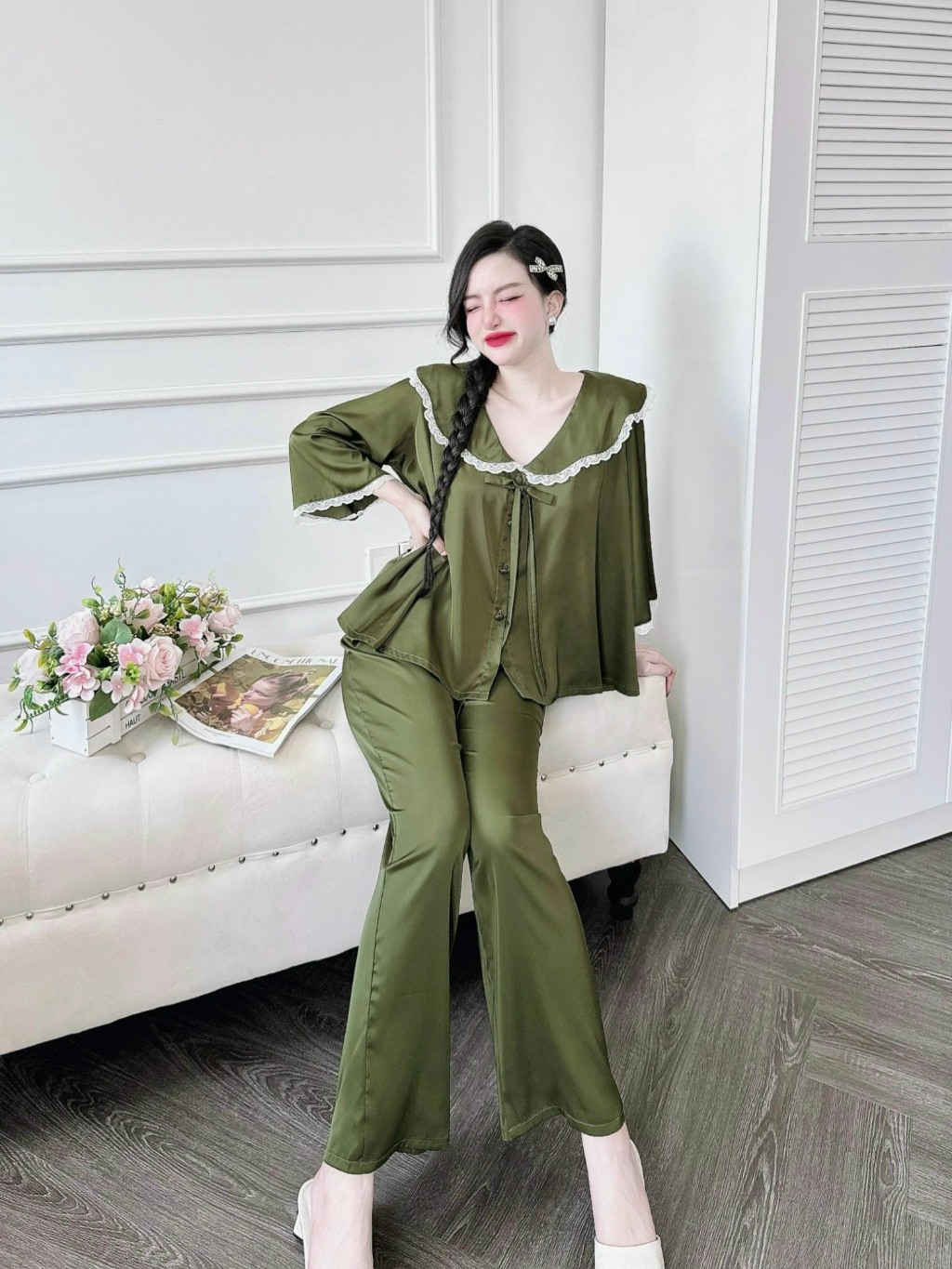 Ảnh Bộ Dài Pijama Nữ SOJUN Pi Tiểu Thư Cổ Gợn Dưới 65Kg 2