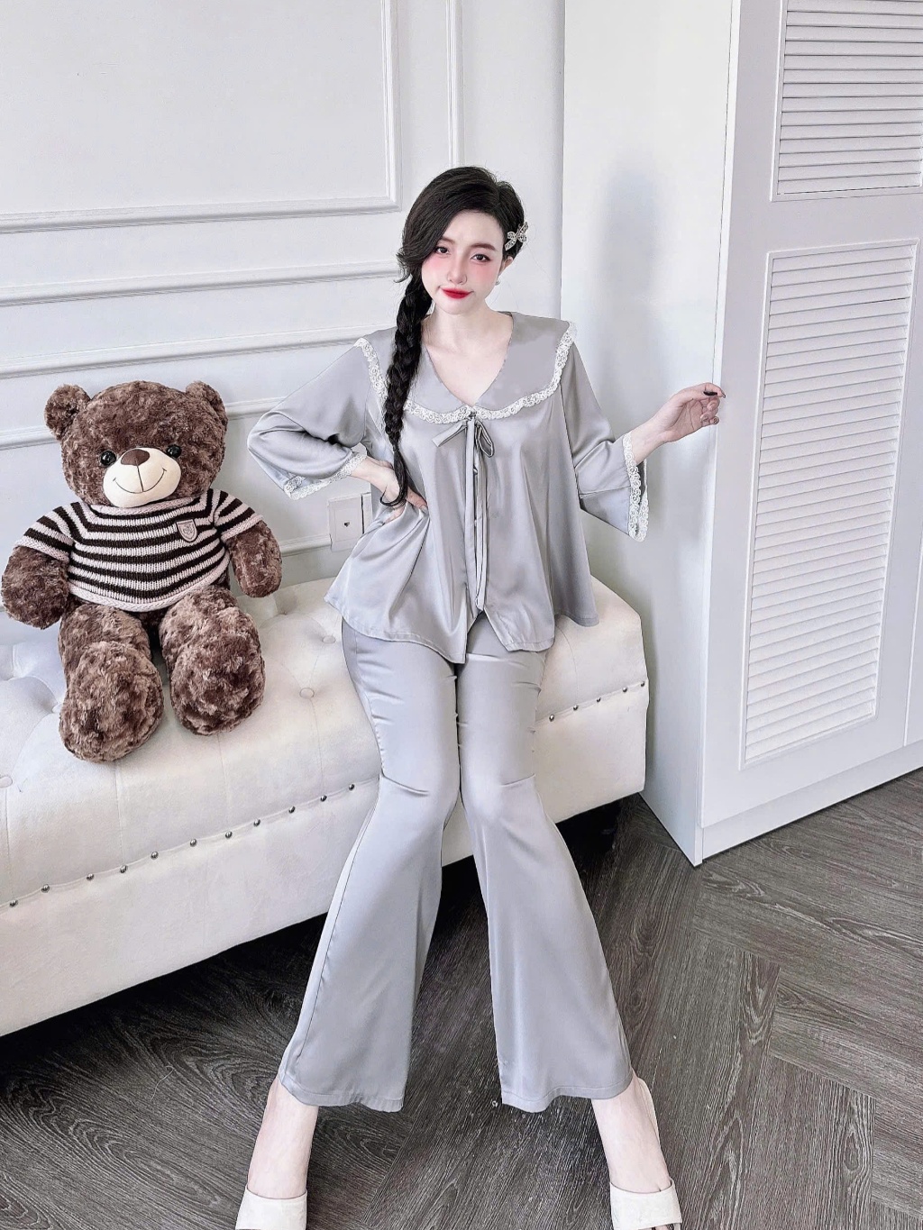 Ảnh Bộ Dài Pijama Nữ SOJUN Pi Tiểu Thư Cổ Gợn Dưới 65Kg 3