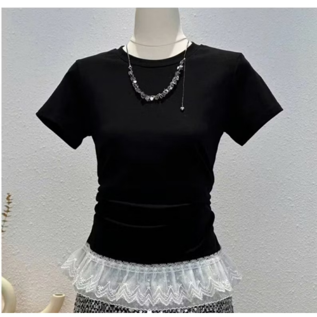 Áo thun tăm cộc tay nhún eo phối ren tầng siêu xinh MUZA  A08