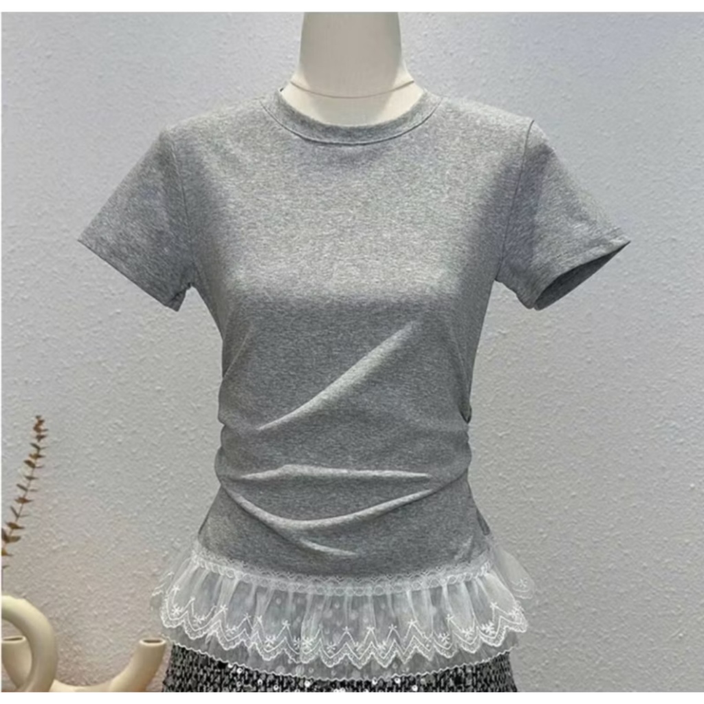 Áo thun tăm cộc tay nhún eo phối ren tầng siêu xinh MUZA  A08