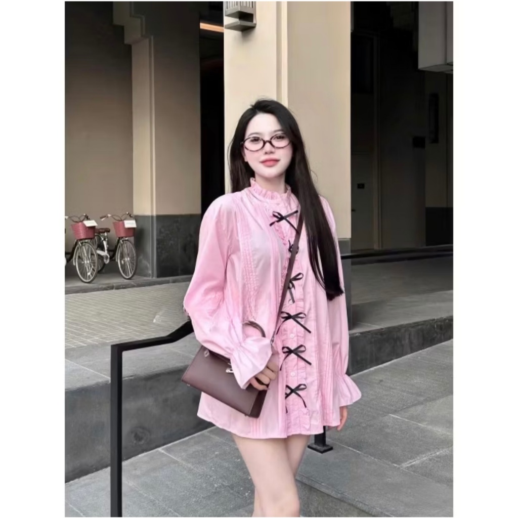 Áo sơ mi giấy giấu quần tay loe đính nơ trang trí, babydoll bánh bèo MUZA SM03