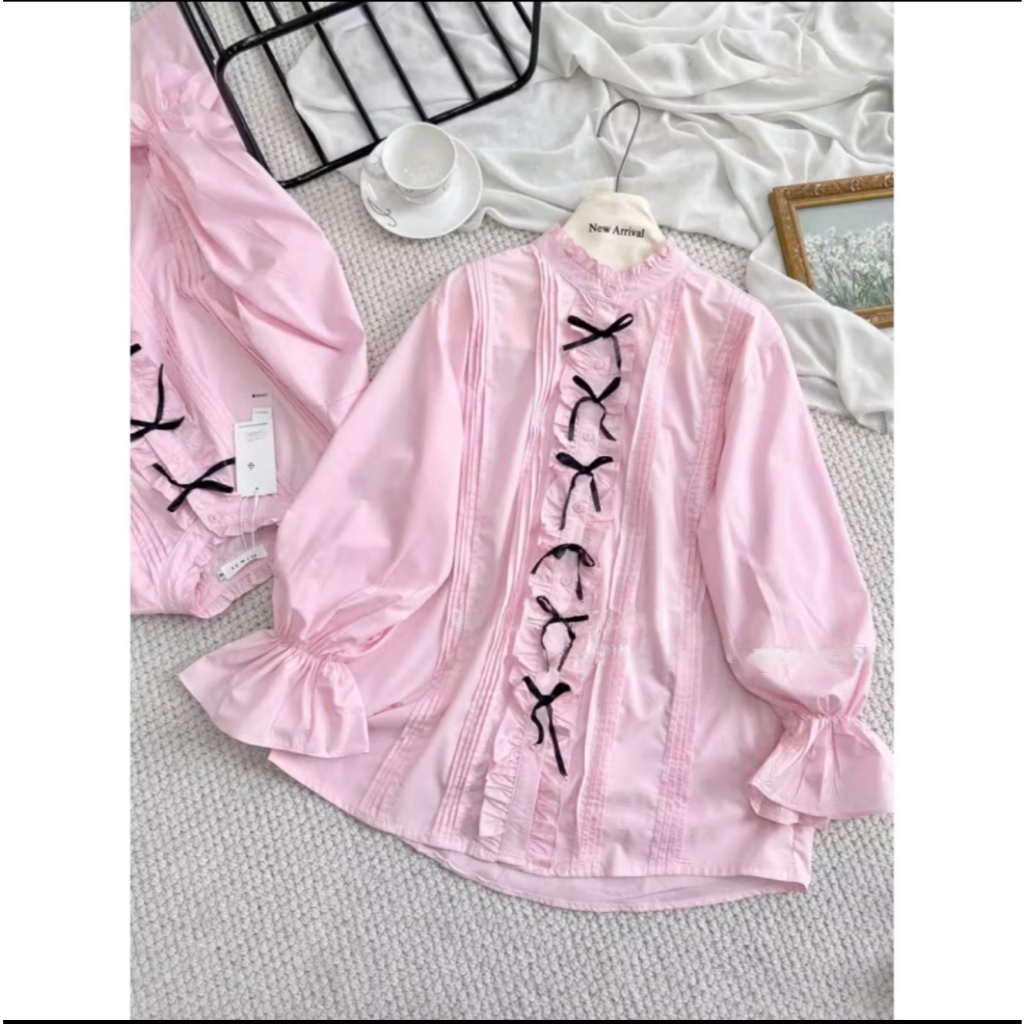 Áo sơ mi giấy giấu quần tay loe đính nơ trang trí, babydoll bánh bèo MUZA SM03