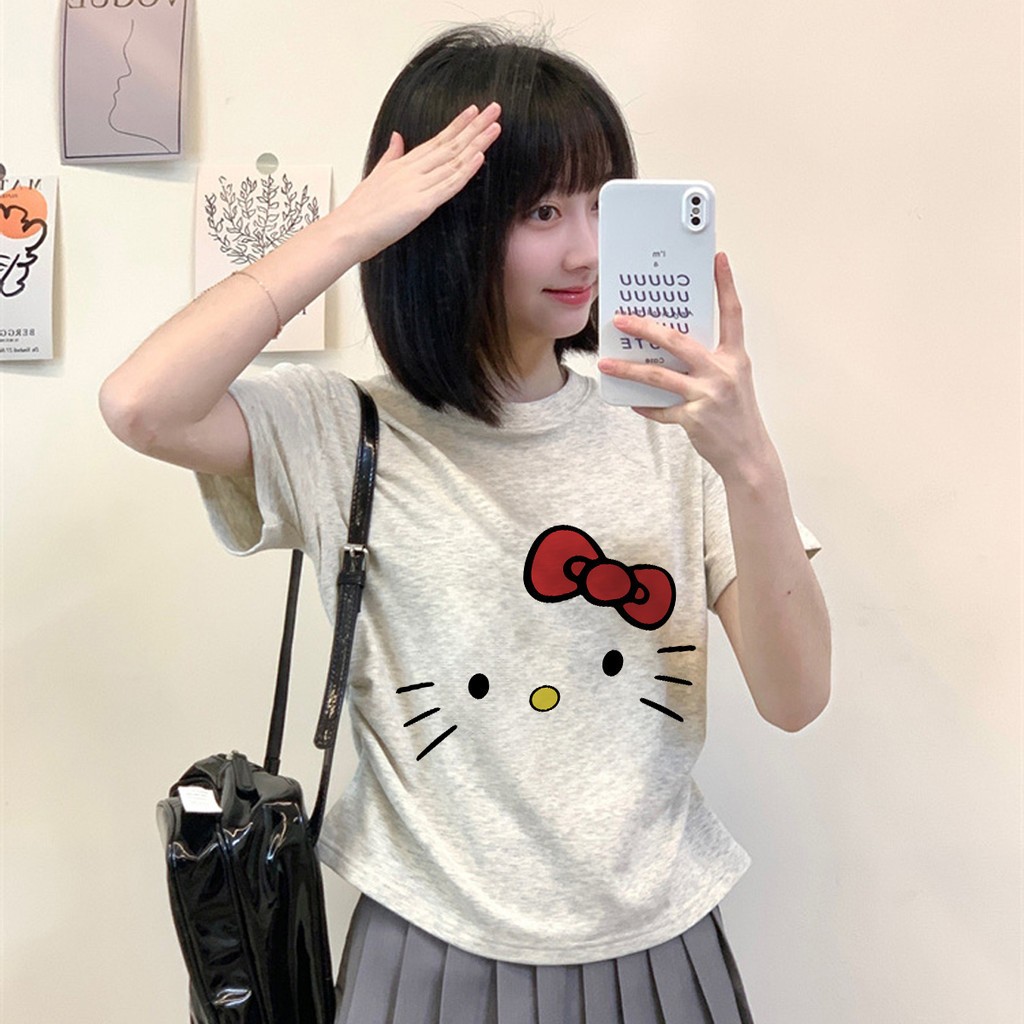 MCHouse Áo baby tee nữ Xám mùa hè cổ tròn áo thun ôm body Hello Kitty ...