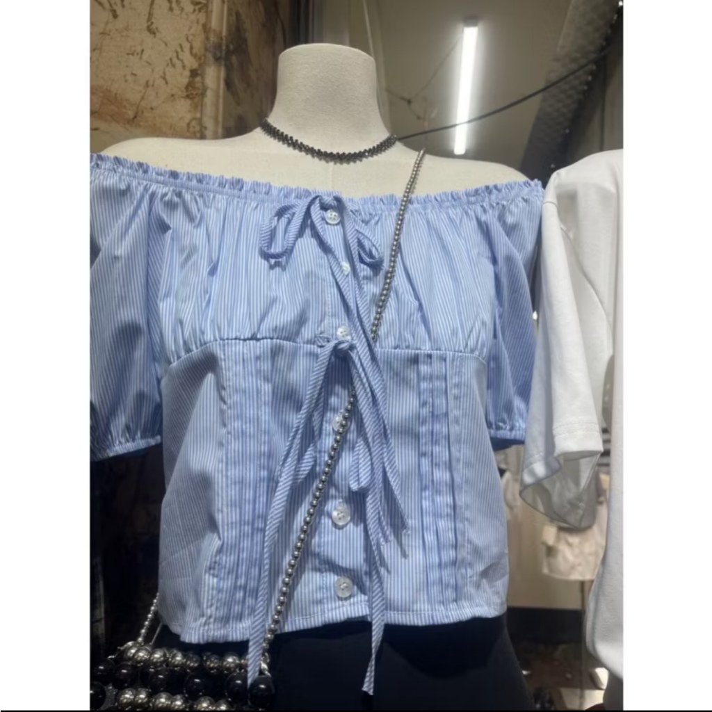 Áo kiểu cổ vuông đính nơ dáng crotop, mặc đi học đi chơi MUZA  A06