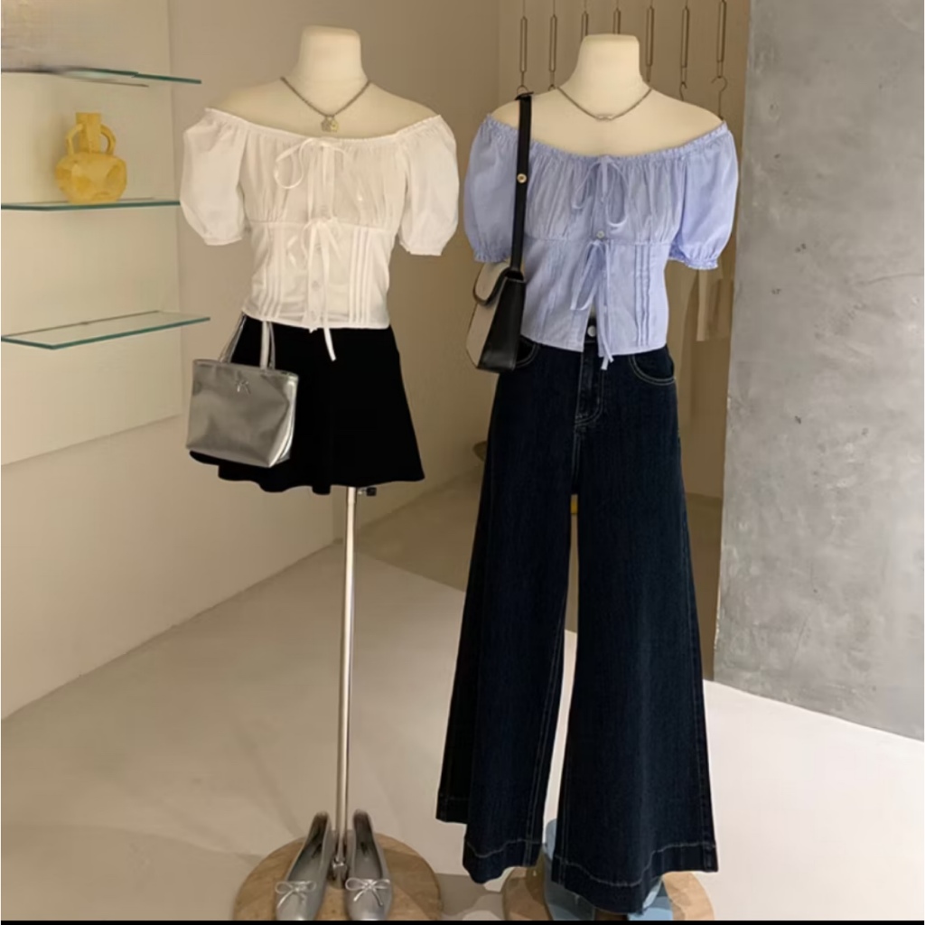 Áo kiểu cổ vuông đính nơ dáng crotop, mặc đi học đi chơi MUZA  A06