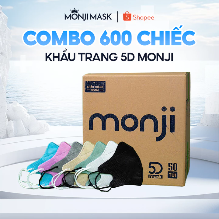 Thùng 600 chiếc khẩu trang 5D Monji cao cấp chính hãng, 3 Lớp Vải Lọc Khuẩn, Ngăn Bụi, Ôm Sát Thoáng Khí.