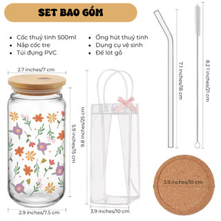 Cốc Thủy Tinh Hoa Nhí 500ml, Ly Thủy Tinh Nắp Tre 16Oz Chịu Nhiệt Kèm Phụ Kiện, Quà Tặng Sinh Nhật