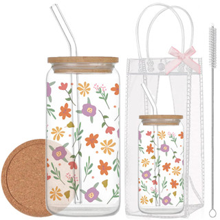 Cốc Thủy Tinh Hoa Nhí 500ml, Ly Thủy Tinh Nắp Tre 16Oz Chịu Nhiệt Kèm Phụ Kiện, Quà Tặng Sinh Nhật