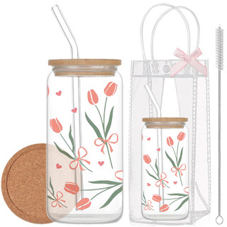 Cốc Thủy Tinh Hoa Tulip 500ml, Ly Thủy Tinh Nắp Tre 16Oz Chịu Nhiệt Kèm Phụ Kiện, Quà Tặng Sinh Nhật