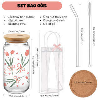 Cốc Thủy Tinh Hoa Tulip 500ml, Ly Thủy Tinh Nắp Tre 16Oz Chịu Nhiệt Kèm Phụ Kiện, Quà Tặng Sinh Nhật