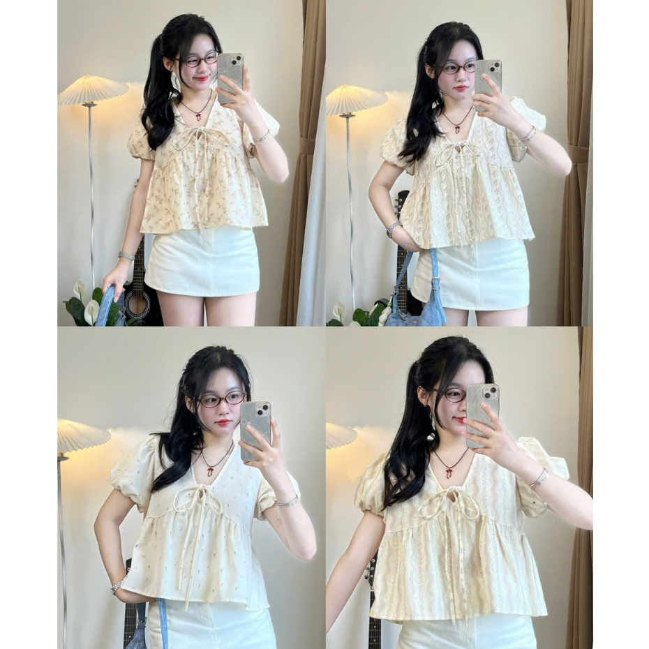 Áo sơ mi babydoll Joolate cổ V ngắn tay hoạ thiết hoa nhí thắt nơ Aobbd538 P0K34