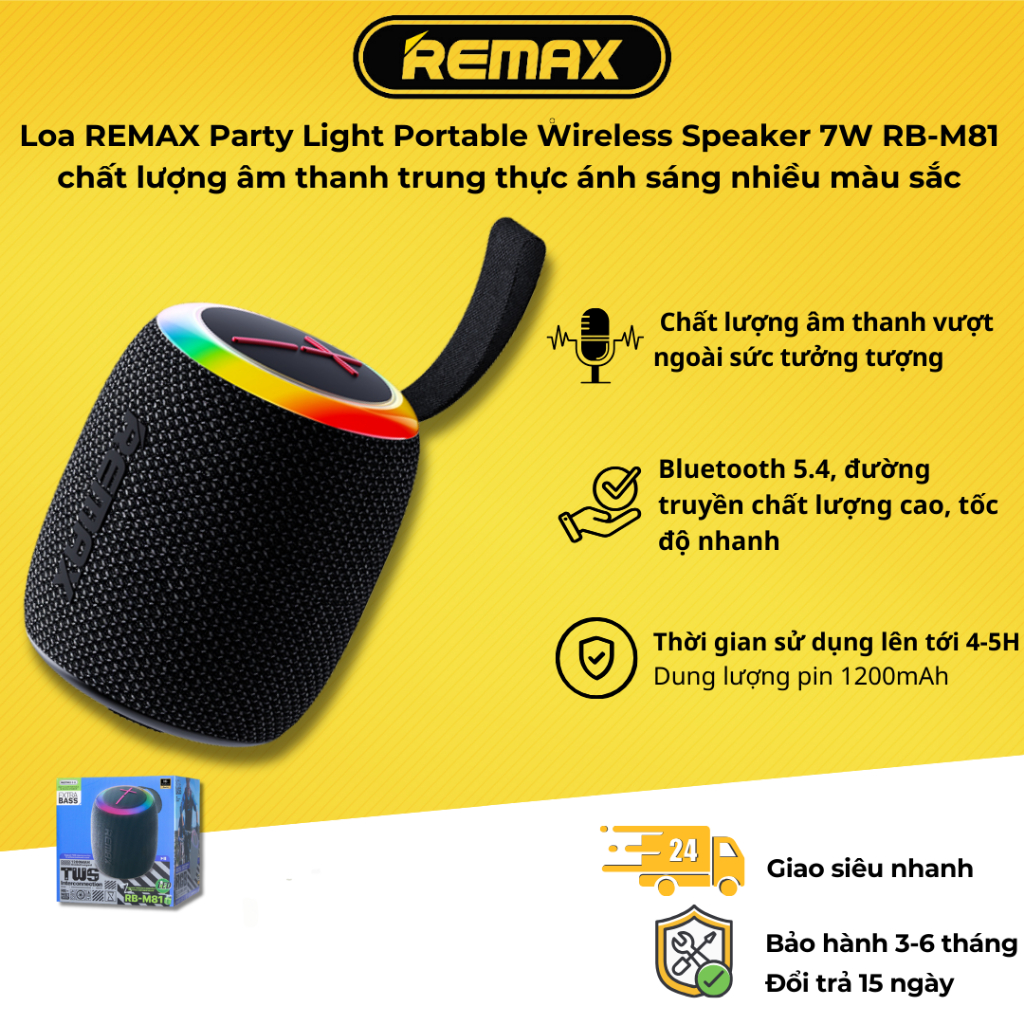 Loa REMAX Party Light Portable Wireless Speaker 7W RB-M81 chất lượng âm ...
