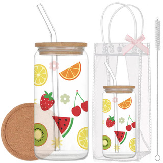 Cốc Thủy Tinh Hoa Quả 500ml, Ly Thủy Tinh Nắp Tre 16Oz Chịu Nhiệt Kèm Phụ Kiện, Quà Tặng Sinh Nhật