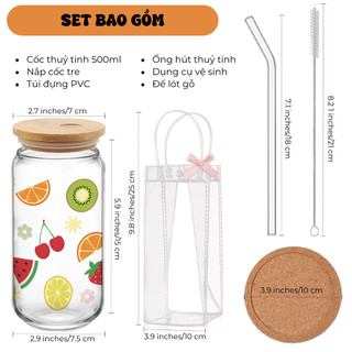 Cốc Thủy Tinh Hoa Quả 500ml, Ly Thủy Tinh Nắp Tre 16Oz Chịu Nhiệt Kèm Phụ Kiện, Quà Tặng Sinh Nhật