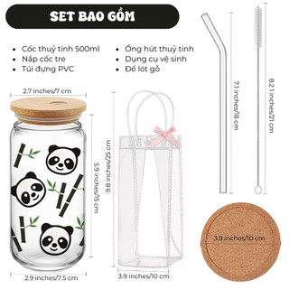 Cốc Thủy Tinh Gấu Trúc 500ml, Ly Thủy Tinh Nắp Tre 16Oz Chịu Nhiệt Kèm Phụ Kiện, Quà Tặng Sinh Nhật