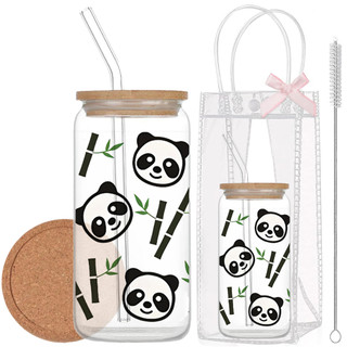 Cốc Thủy Tinh Gấu Trúc 500ml, Ly Thủy Tinh Nắp Tre 16Oz Chịu Nhiệt Kèm Phụ Kiện, Quà Tặng Sinh Nhật